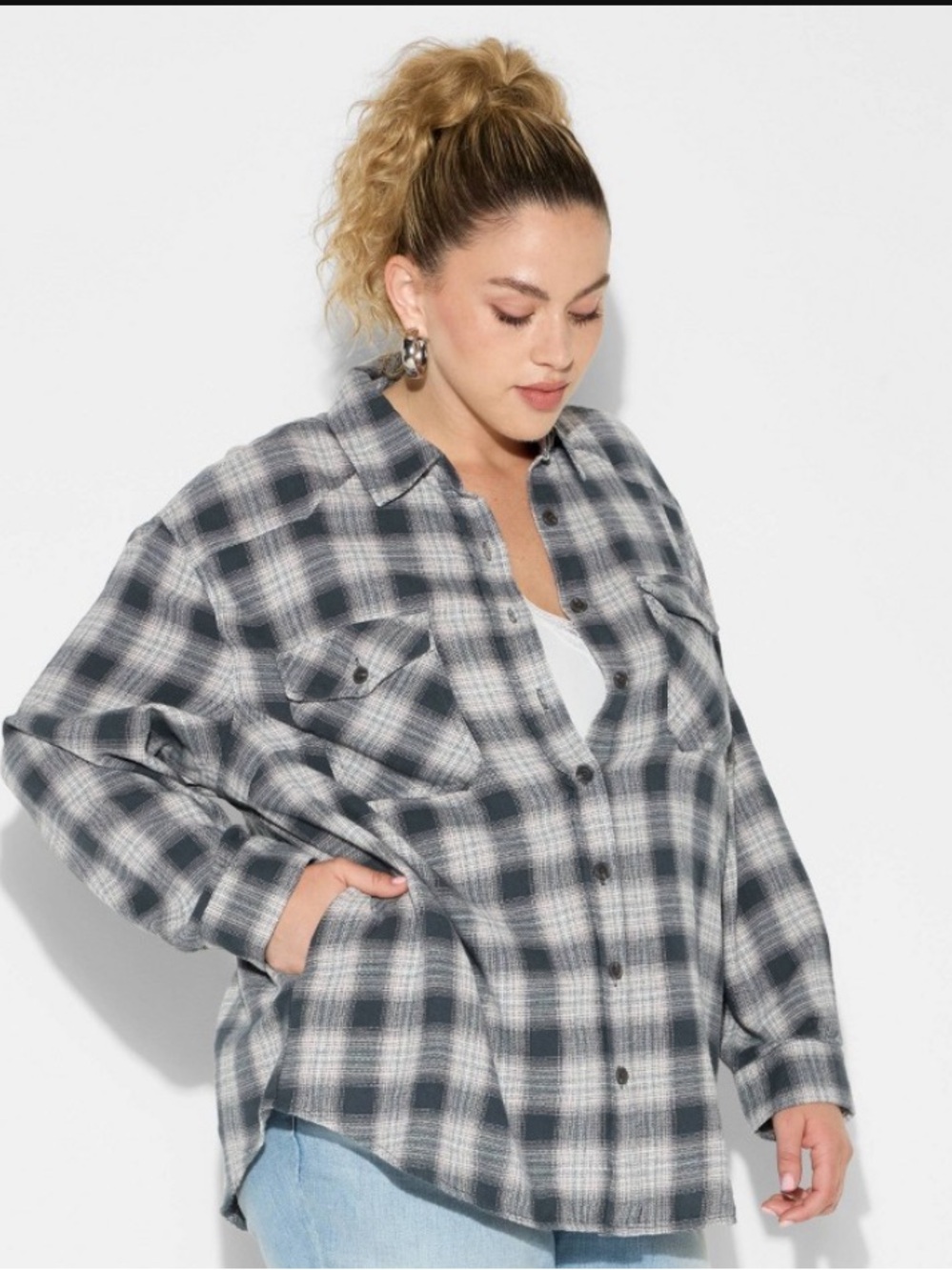 Wild Fable Oversized Flannel Size Black Plaid Button-Front Shacket
